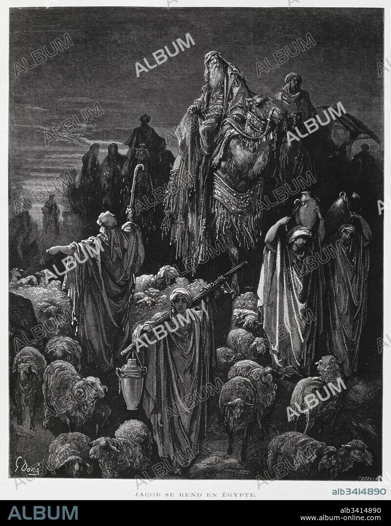 Jacob and his sons arrive in Egypt, Illustration from the Dore Bible 1866. In 1866, the French artist and illustrator Gustave Doré (1832–1883), published a series of 241 wood engravings for a new deluxe edition of the 1843 French translation of the Vulgate Bible, popularly known as the Bible de Tours. This new edition was known as La Grande Bible de Tours and its illustrations were immensely successful..