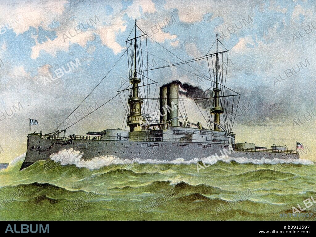 USS 'Alabama', American battleship, 1898. An 'Illinois' class pre-dreadnought battleship, 'Alabama' was launched in 1898. She served with the US North Atlantic Fleet and in 1907 sailed with the 'Great White Fleet' of battleships sent on a circumnavigation of the world by President Theodore Roosevelt to show off America's growing sea power. A print from Our Country in War and Relations with All Nations, by Murat Halstead, The United Subscription Book Publishers of America, 1898.