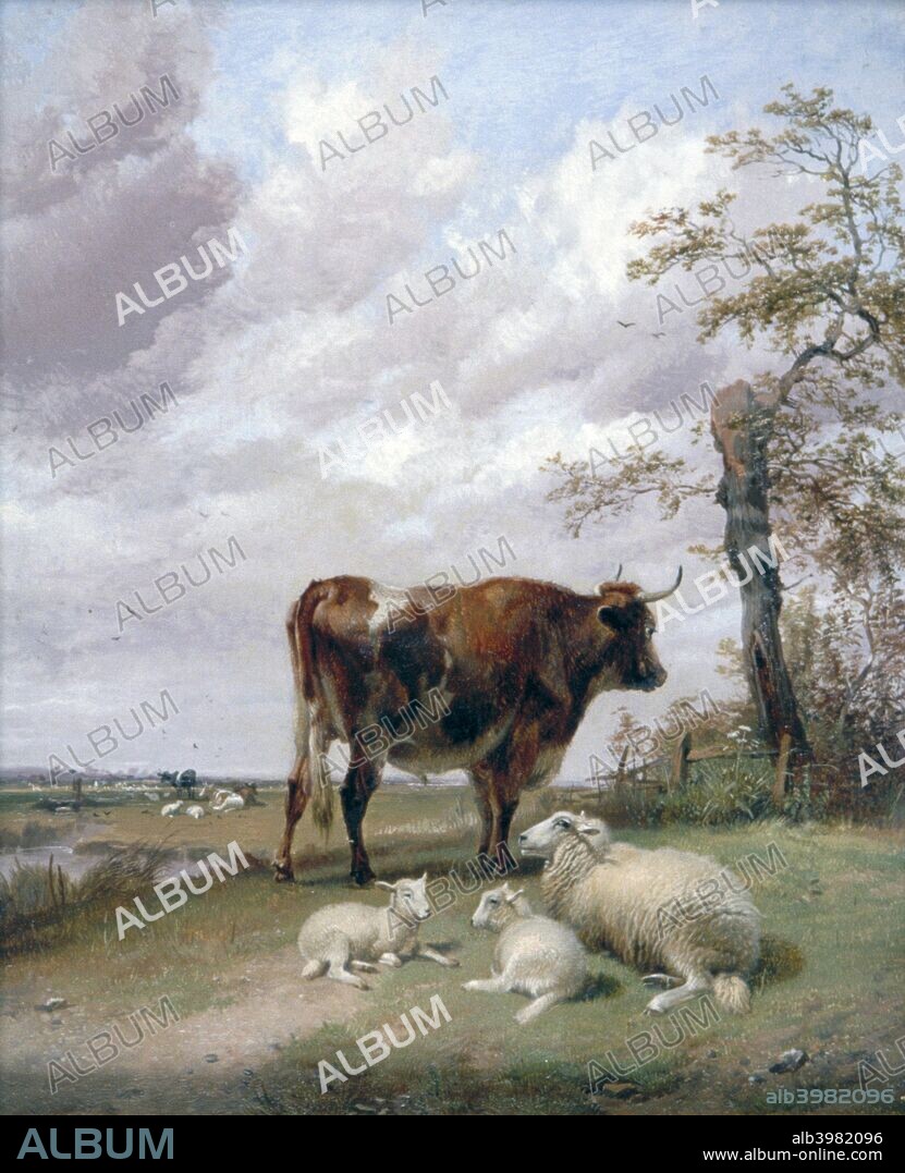 'Canterbury Meadows', 19th century. Scene showing a cow, sheep and lambs in the foreground.