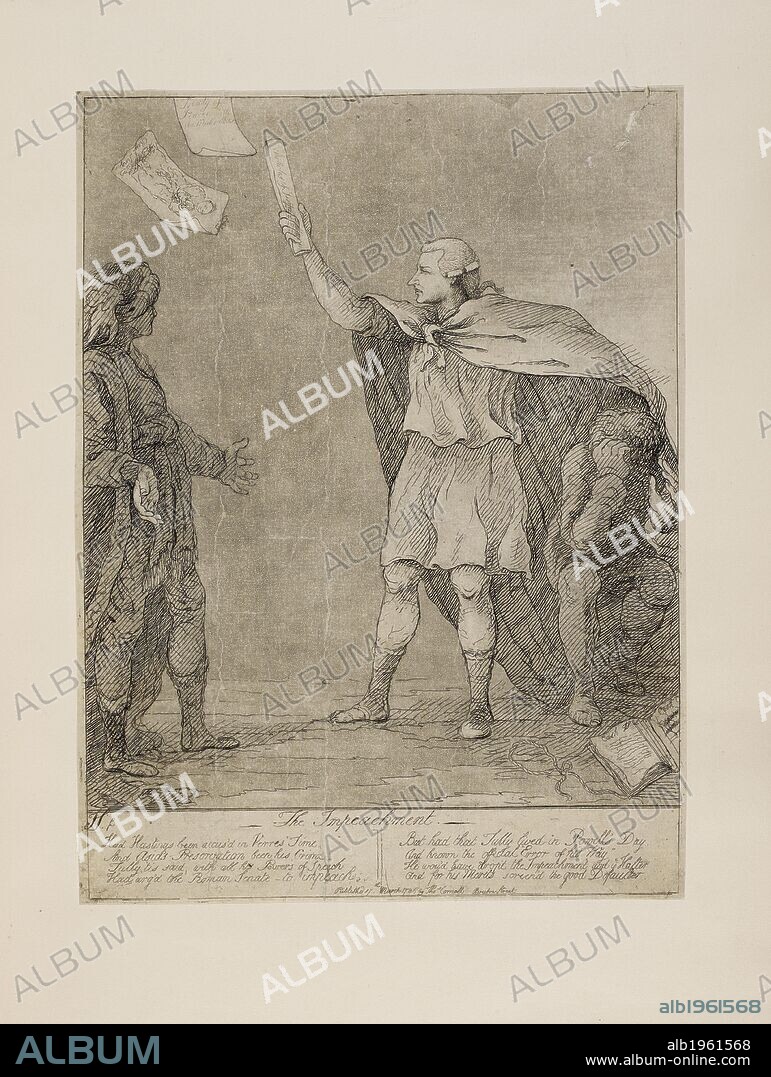 JAMES SAYERS. The Impeachment. 1786. Edmund Burke, dressed as the Roman senator Cicero, prosecutes Hastings, identifiable by his oriental dress. The figure hidden beneath Burke's cloak is John Powell, a cashier employed in the Paymaster's Office who transferred large sums of money to pay off Fox's debts. The poem beneath the illustration makes an unfavourable comparison between standards of public morality in Cicero's time and in eighteenth-century Britain.  Published : 1786 . Source: P3331.