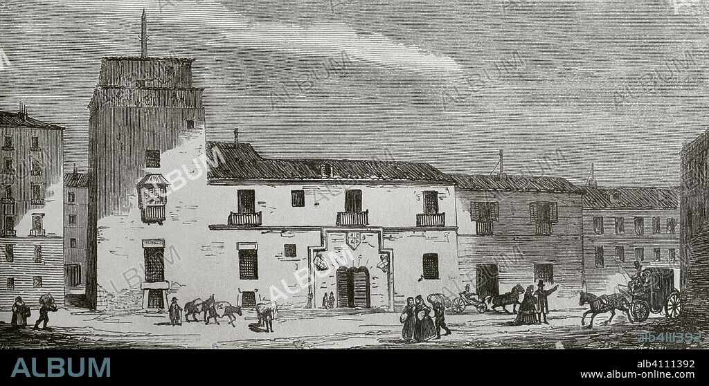 Spain, Madrid. The Lujanes Tower and House. The tower is the oldest building. The manor house was built by Alvaro Lujan in 1494. Drawing by Fernando Miranda. Engraving by Severini, 19th century. Cronica General de Espa–a, Historia Ilustrada y Descriptiva de sus Provincias. Castilla-La Nueva, 1869.