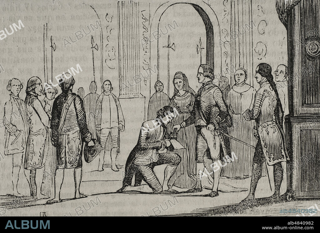 Manuel Godoy (1767-1851). Noble, político y primer ministro de Carlos IV. "Godoy nombrado Príncipe de la Paz". Título nobiliario español creado por Carlos IV en 1795 como recompensa por el éxito del Tratado de Paz de Basillea. Grabado. "Historia del Levantamiento, Guerra y Revolución de España, por el Conde de Toreno. Madrid,1851.