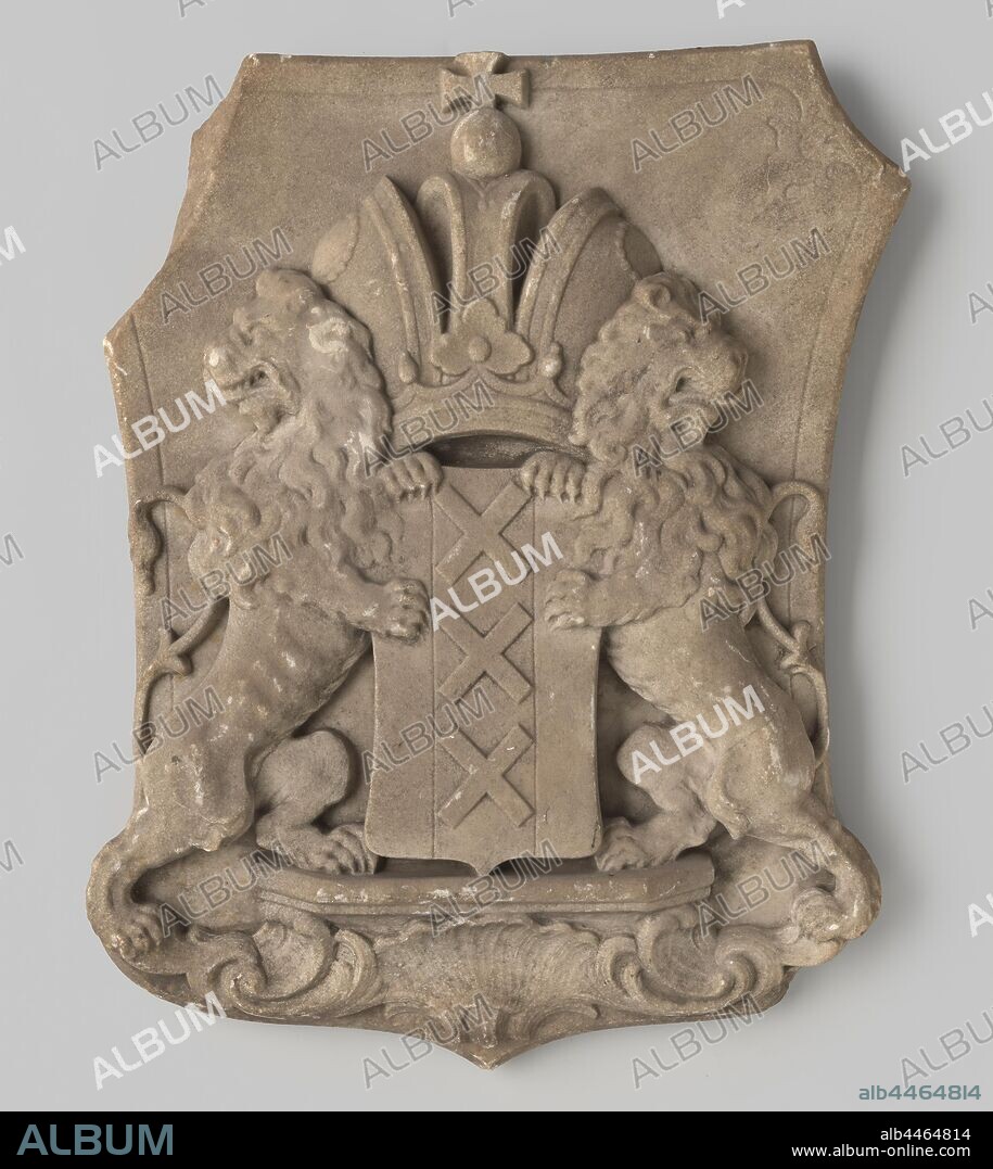 Coat of arms Amsterdam, Marble shield in which the crowned coat of arms of Amsterdam is worn by two climbing lions, anonymous, Netherlands, c. 1762, marble (rock), h 58.5 cm × w 44.0 cm × d 8.0 cm × w 33.0 kg.