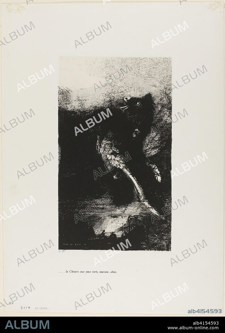 The Chimera with Green eyes Turns, Bays, plate 7 from The Temptation of Saint Anthony (1st series). Odilon Redon; French, 1840-1916. Date: 1888. Dimensions: 275 × 160 mm (image/chine); 439 × 310 mm (sheet). Lithograph in black on ivory China paper laid down on white wove paper. Origin: France.
