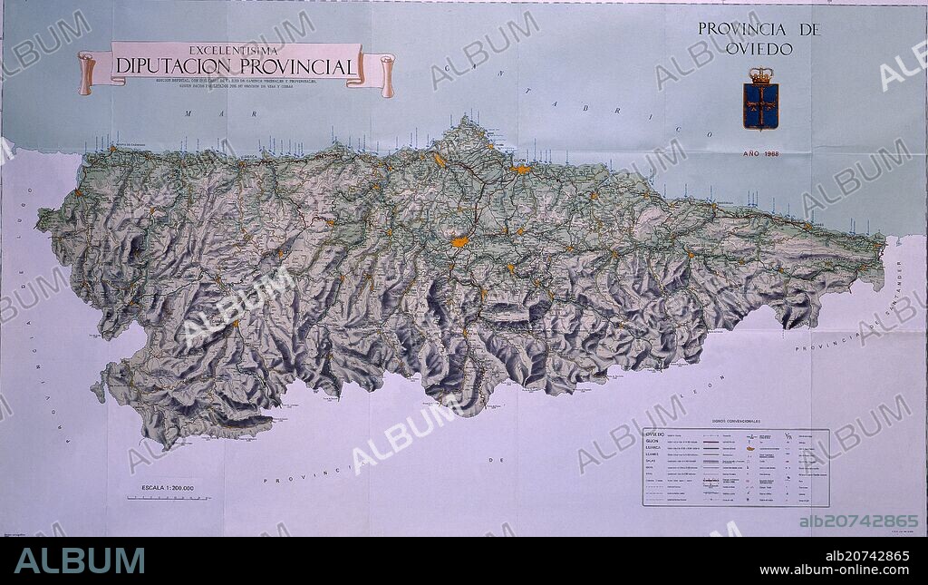 MAPA DE CARRETERAS DE LA PROVINCIA DE OVIEDO - ASTURIAS - AÑO 1968 - ESCALA 1.200.000.