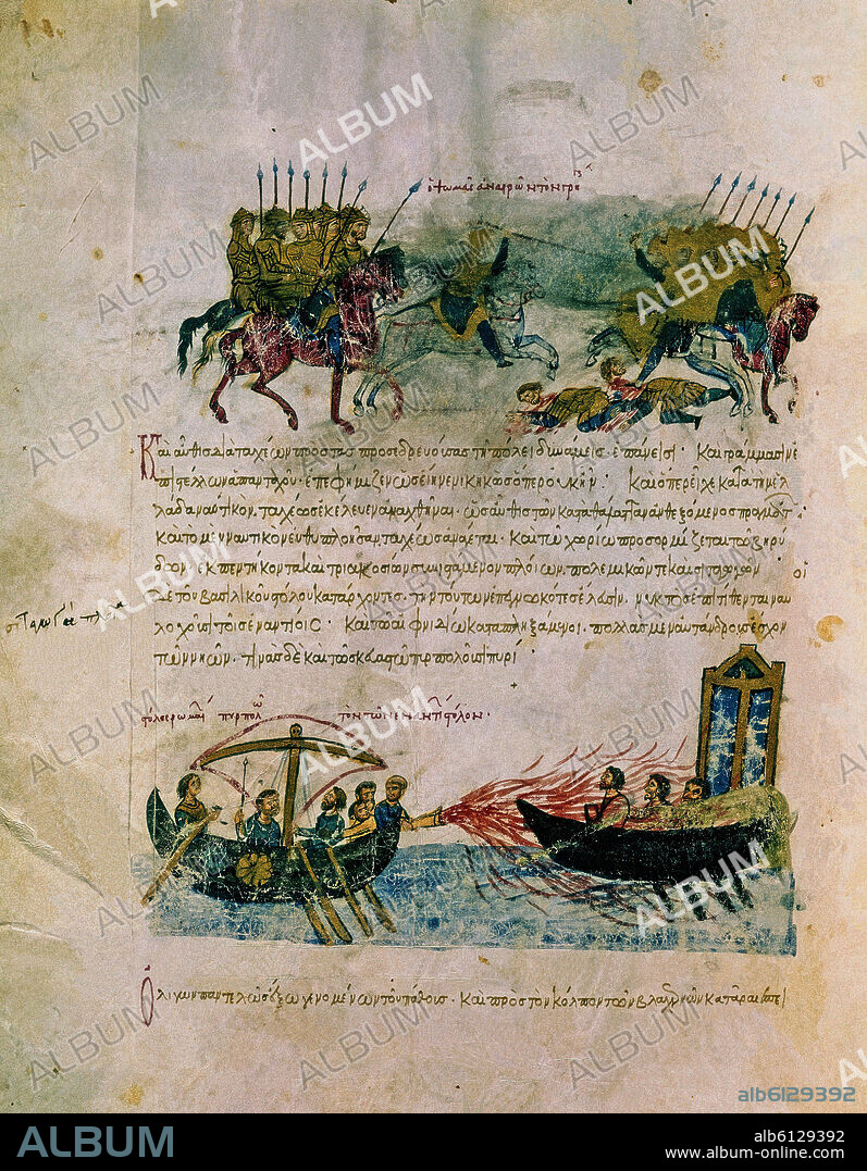 SKYLITZES JOHN O SCYLITZA IOANNES. Madrid Skylitzes: Greek fire against enemy boat. Folio 33. Madrid, National Library.