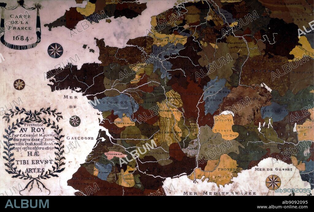 Marble table top showing map of France, 1684, Musee de Versailles (Museum of Versailles). The Sun King by Nancy Mitford, page 208.