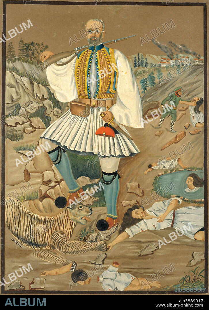UNKNOWN ARTIST. Eleftherios Venizelos Taming the Bulgarian Tiger. Date/Period: 1900 - 1999. Painting. Height: 630 mm (24.80 in); Width: 850 mm (33.46 in).