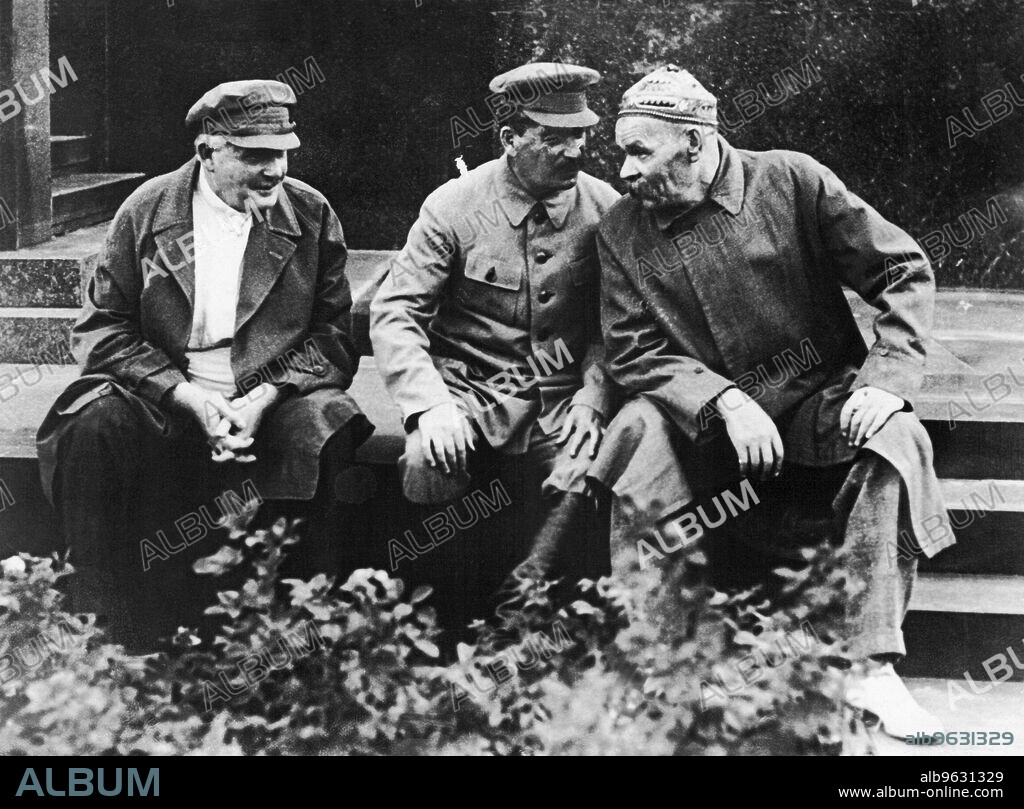 Moscow, Russia, August 3, 1931 Yenekidsky, Josef Stalin and Maxim Gorky photographed during the parade of Physical Culturists in the Red Square of Moscow on the occasion of the 10th anniversary of the Red Sport and International Red Day.