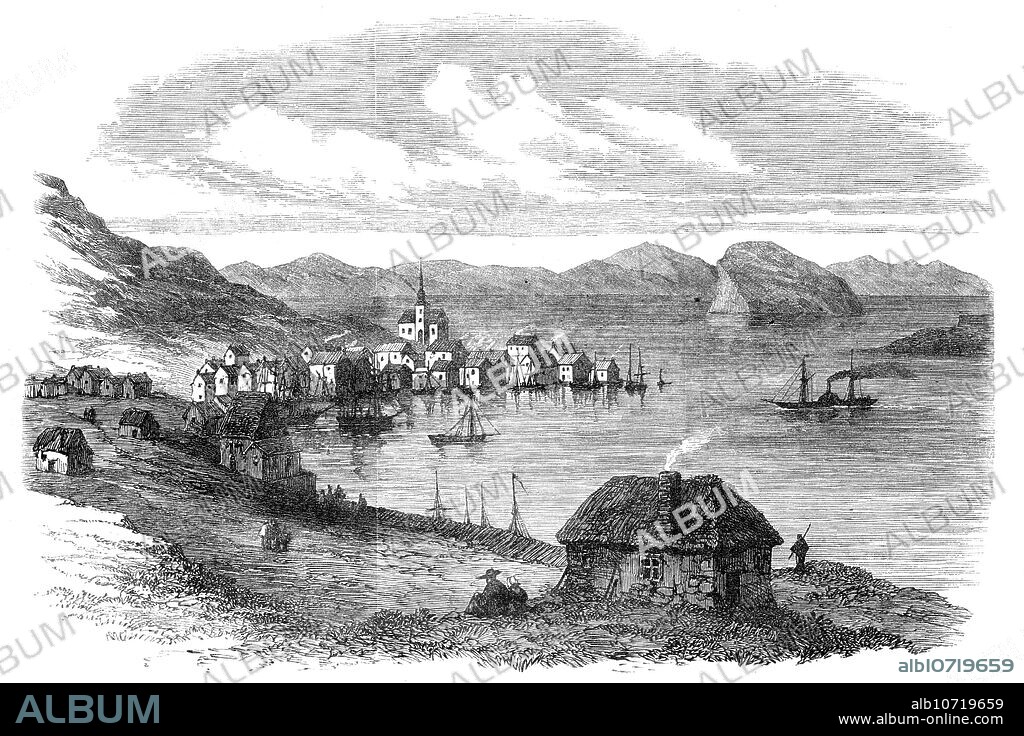 Hammerfest, in Norway, lately visited by Prince Alfred, 1864. View of the town and harbour. 'The town of Hammerfest, the most northerly in the world, is situated in latitude 70 deg. 39 min...[It] has a population of 1100 or 1200 souls...In the winter, for two months there is perpetual night...For a corresponding period in summer the sun never sinks below the horizon. During this time the port of Hammerfest is generally full of vessels, and a lively trade is carried on with Russia, England, and France, principally in dried codfish. The Spitzbergen trade also forms an important branch of industry at Hammerfest, reindeer, walrus, and eiderdown being the principal objects there sought for. Even in the coldest winter the sea never freezes along the northern coast of Norway. This is due to the Gulf stream, which, as is known, impinges on the western coast of Norway and sweeps along its shores till it loses itself in the Arctic Ocean. It is, indeed, by no means a rare occurrence that parts of trees and other produce of a tropical clime are washed ashore near Hammerfest. The influence of the Gulf stream alone renders it possible for human beings to live at this place, and makes the temperature endurable'. From "Illustrated London News", 1864.