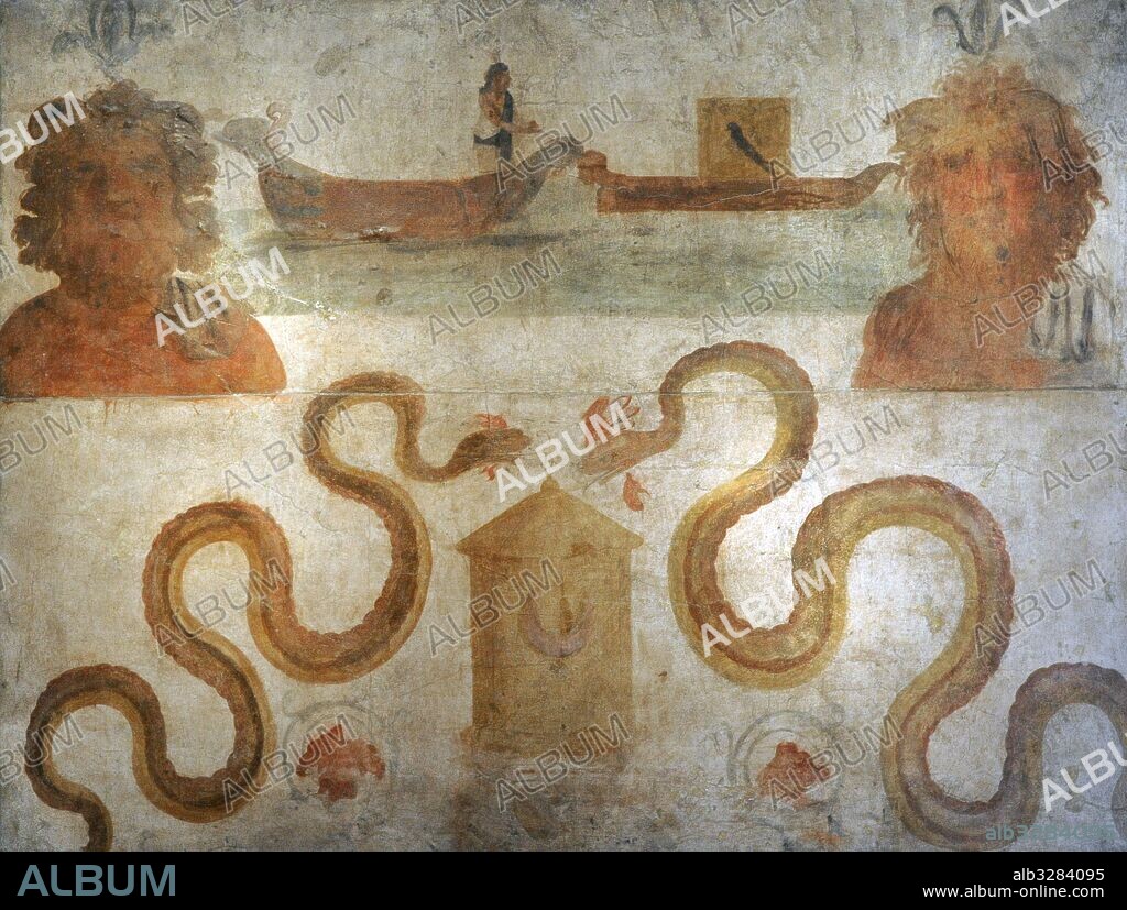 Pintura romana. La diosa Isis lanza el barco con el sarcófago de Osiris en el Nilo. Fresco procedente de la pared este del sagrario del Templo de Isis, Pompeya. Museo Arqueológico Nacional. Nápoles. Italia.