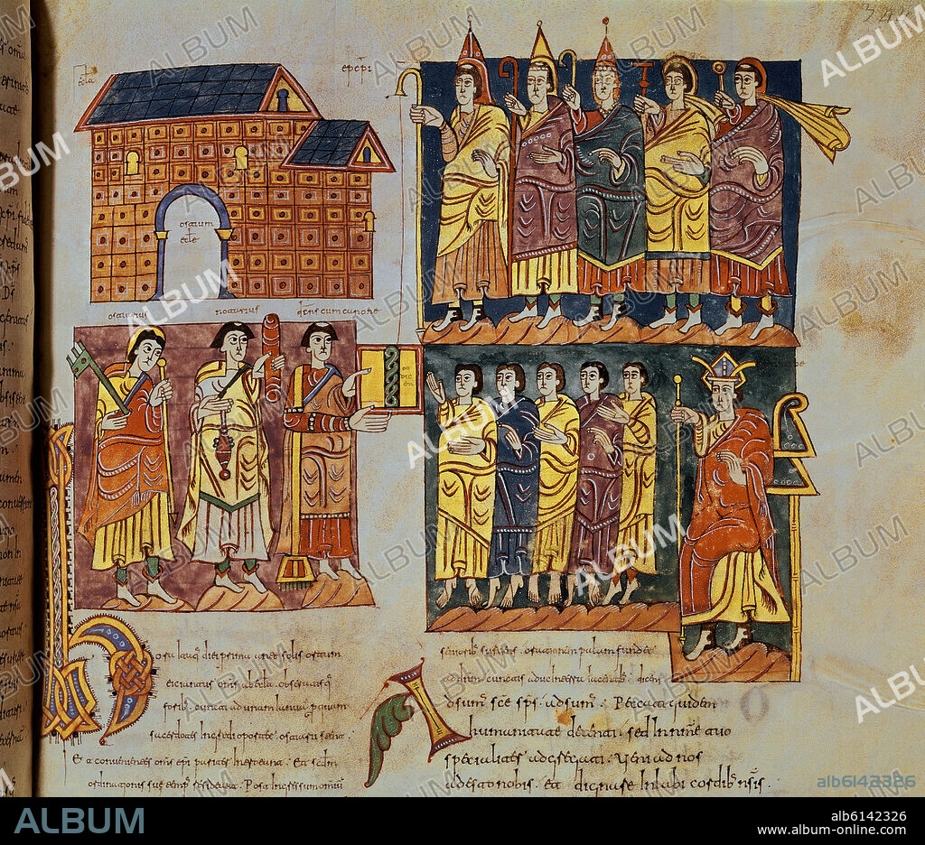 CODICE ALBELDELSE O VIGILIANO- MOZARABE-CONCILIO DE TOLEDO-F 344R-SIGLO X-ENTREGA DE CODICE - MAGNATES PALATINOS VISIGODOS.