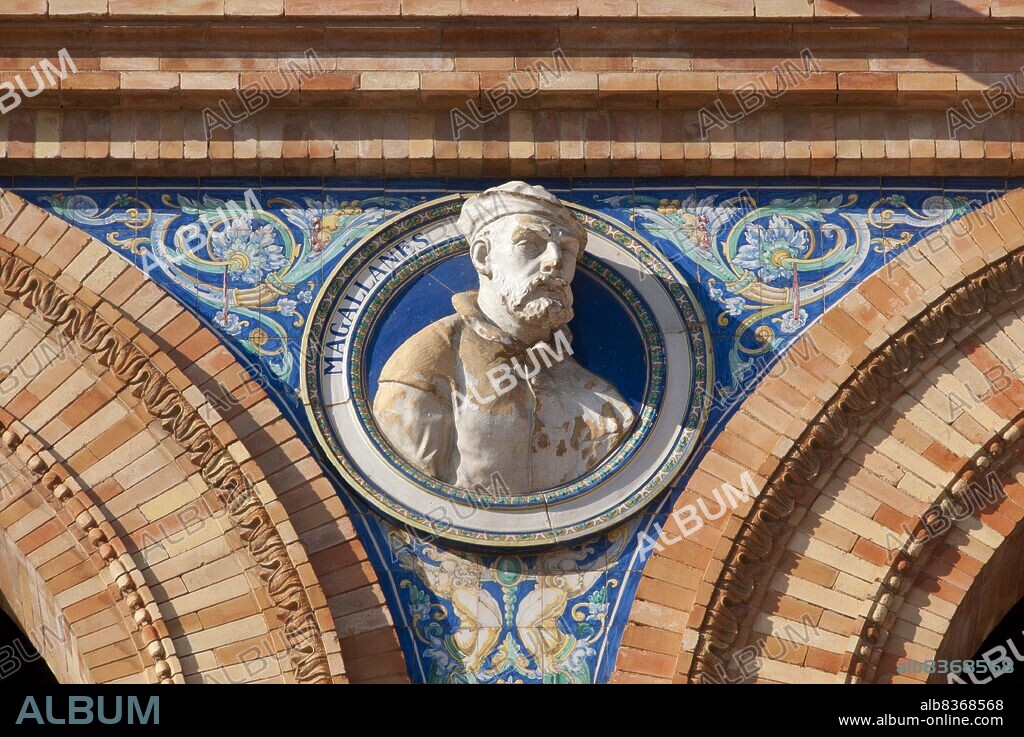 Ferdinand Magellan c. 1480 April 27, 1521) was a Portuguese explorer. He was born at Sabrosa, in northern Portugal, but later obtained Spanish nationality in order to serve King Charles I of Spain in search of a westward route to the Spice Islands (modern Maluku Islands in Indonesia).<br/><br/>. Magellan's expedition of 15191522 became the first expedition to sail from the Atlantic Ocean into the Pacific Ocean and the first to cross the Pacific. It also completed the first circumnavigation of the Globe, although Magellan himself did not complete the entire voyage, being killed during the Battle of Mactan in the Philippines.<br/><br/>. The Plaza de España is a plaza in the Parque de María Luisa (Maria Luisa Park), in Seville, Spain, built in 1928 for the Ibero-American Exposition of 1929. It is a landmark example of the Regionalism Architecture, mixing elements of the Renaissance Revival and Moorish Revival (Neo-Mudéjar) styles of Spanish architecture.