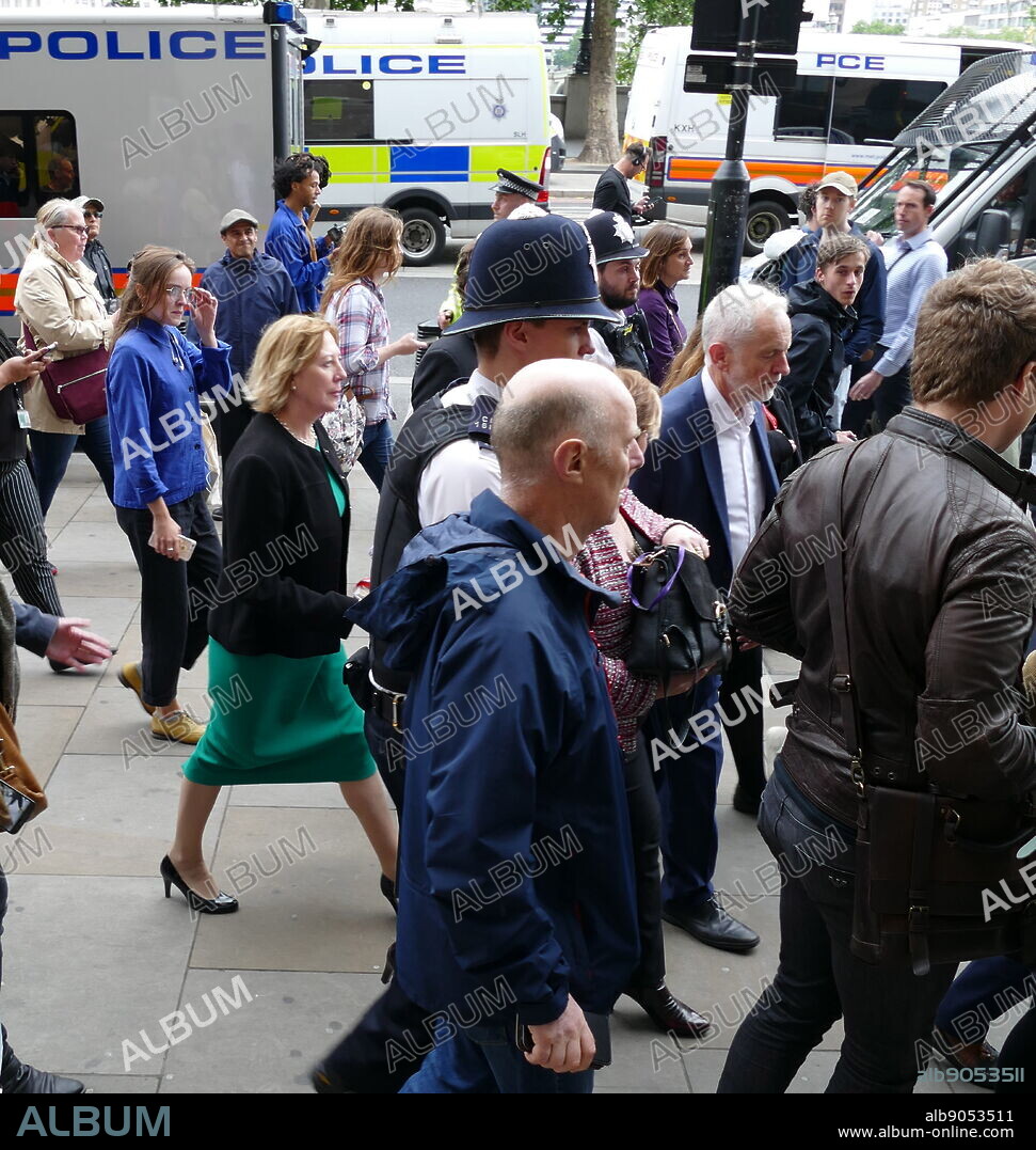 Labour Party Leader Jeremy Corbyn leaving a demonstration in Whitehall and Trafalgar Square London during the State Visit of US President Donald Trump to Great Britain; June 2019.