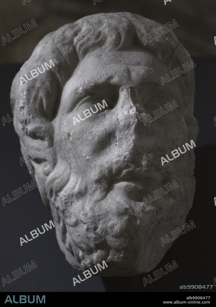 Endovelicus. Iron Age Celtiberian deity. Head of the god Endovelicus. 1st century AD. From Sao Miguel da Mota. Terena. Alandroal, Evora, Portugal. National Archaeology Museum. Lisbon, Portugal.