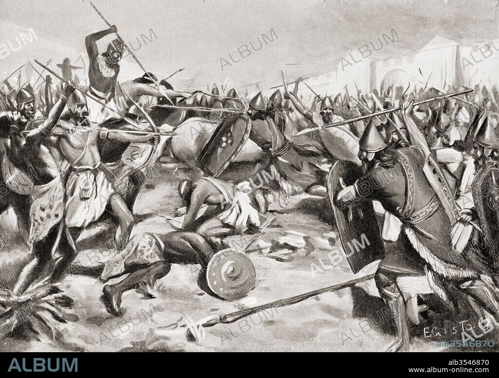 The Battle of Carchemish, c. 605 BC between the allied armies of Egypt and Assyria against the armies of Babylonia, the Medes, Persians and Scythians. From Hutchinson's History of the Nations, published 1915.