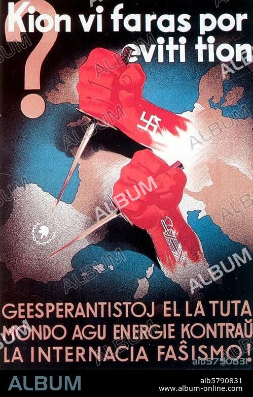 Guerre civile espagnole 1936-39.-"Kion vi faras por eviti tion?" (que fais-tu pour empêcher ça ? Affiche du gouvernement du Front populaire contre le soutien des troupes nationalistes par l'Allemagne et l'Italie). Lithographie coul., 100,2 × 70 cm. Imp. : Graf. Ultra S.A. Corcega, Barcelone. Coll. privée.