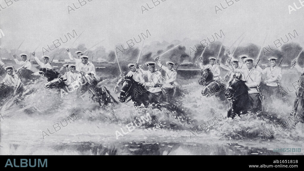 Russian cavalry charge against the Germans at Gumbinnen, East Prussia on the Russian Front during the First World War. From The Illustrated War News published 1914.