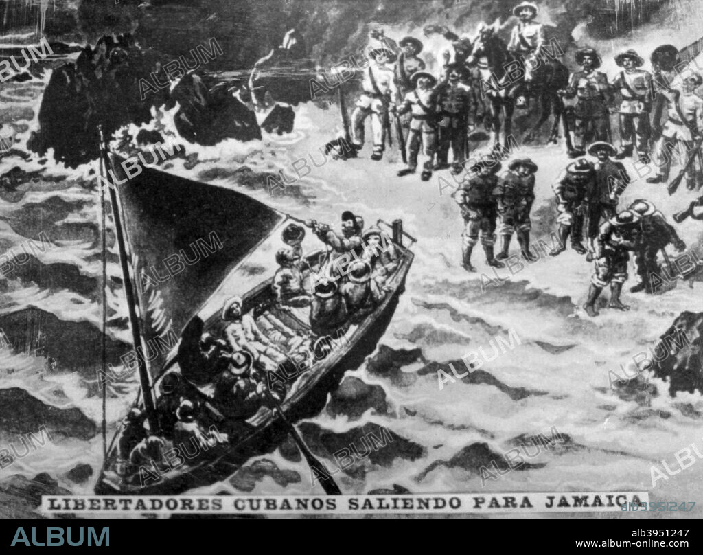 Cuban Libertadores leaving for Jamaica. In June 1897 the Libertadores  left the sawmill , the cubans Captain Luis Rodolfo Miranda, commanders Felix Préval, Miguel Varona and others. Cigar card from the History of Cuba, Geografico Universal, Propaganda de los Cigarros Susini y La Corona, Tabacalera Cubana.