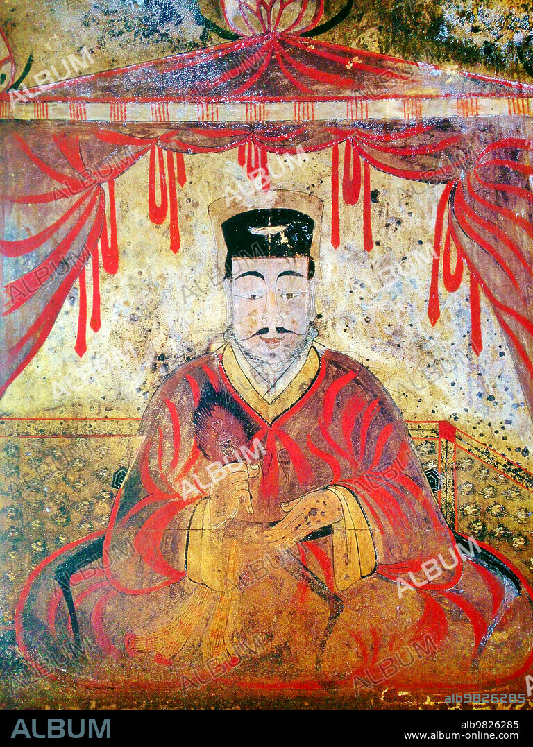 Korea: Tomb portrait of either King Micheon or King Gogugwon, or Minister Dong Shou, Koguryo, Anak Tomb 3, c. 371 CE.<br/><br/>. Goguryeo or Koguryè was an ancient Korean kingdom located in present day northern and central parts of the Korean Peninsula, southern Manchuria, and southern Russian Maritime province.<br/><br/>. Along with Baekje and Silla, Goguryeo was one of the Three Kingdoms of Korea. Goguryeo was an active participant in the power struggle for control of the Korean peninsula as well as associated with the foreign affairs of neighboring polities in China and Japan.