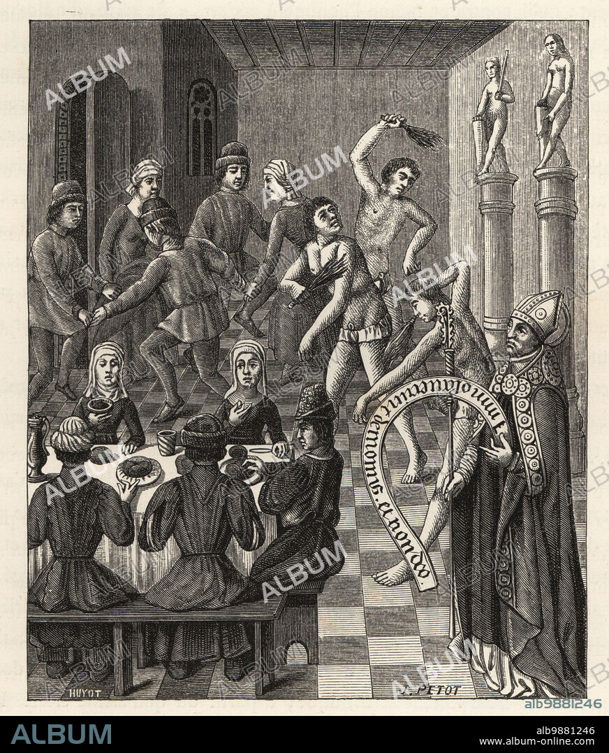 The flagellant heresy in the 14th century. Three naked men whip themselves, while a group dances in a circle and others eat at a table. A bishop holds a banner reading, They sacrifice to the devil, not God. Heresie des Flagellants. Miniature from a 15th century manuscript of Saint Augustines Cite de Dieu.Woodcut by Etienne Huyot and Jules Huyot after J. Petot from Paul Lacroixs La Vie Militaire et Religieuse au Moyen Age et a lEpoque de la Renaissance, Military and Religious Life in the Middle Ages and the Renaissance, Paris, 1873.