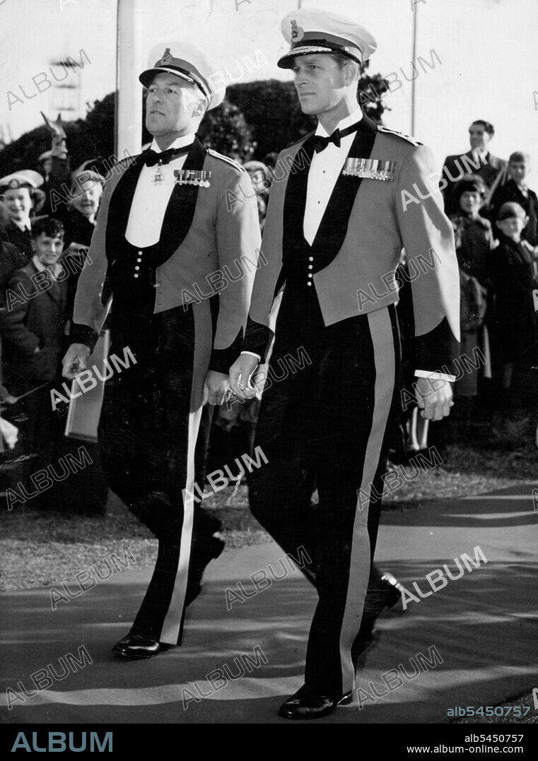 Captain General The Duke of Edinburgh - Visit To Royal MarinesThe Captain General -- the Duke of Edinburgh - arriving with Lieut - General JC. Westall, Commandant General Royal Marines.The Duke of Edinburgh last night visited the Royal Marines at their Eastney Barracks, Portsmouth, It was his first visit to the corps since being appointed its Captain General in June. The Duke, who wore Royal Marine Officer's mess dress, saw the Royal Marine bands of the Portsmouth Command beat the retreat. He walked between lined of spectators, talking to Marines and Marine Pensioners. He also saw 140 Royal Marine Cadet boys on parade. July 16, 1953. (Photo by Reuterphoto).