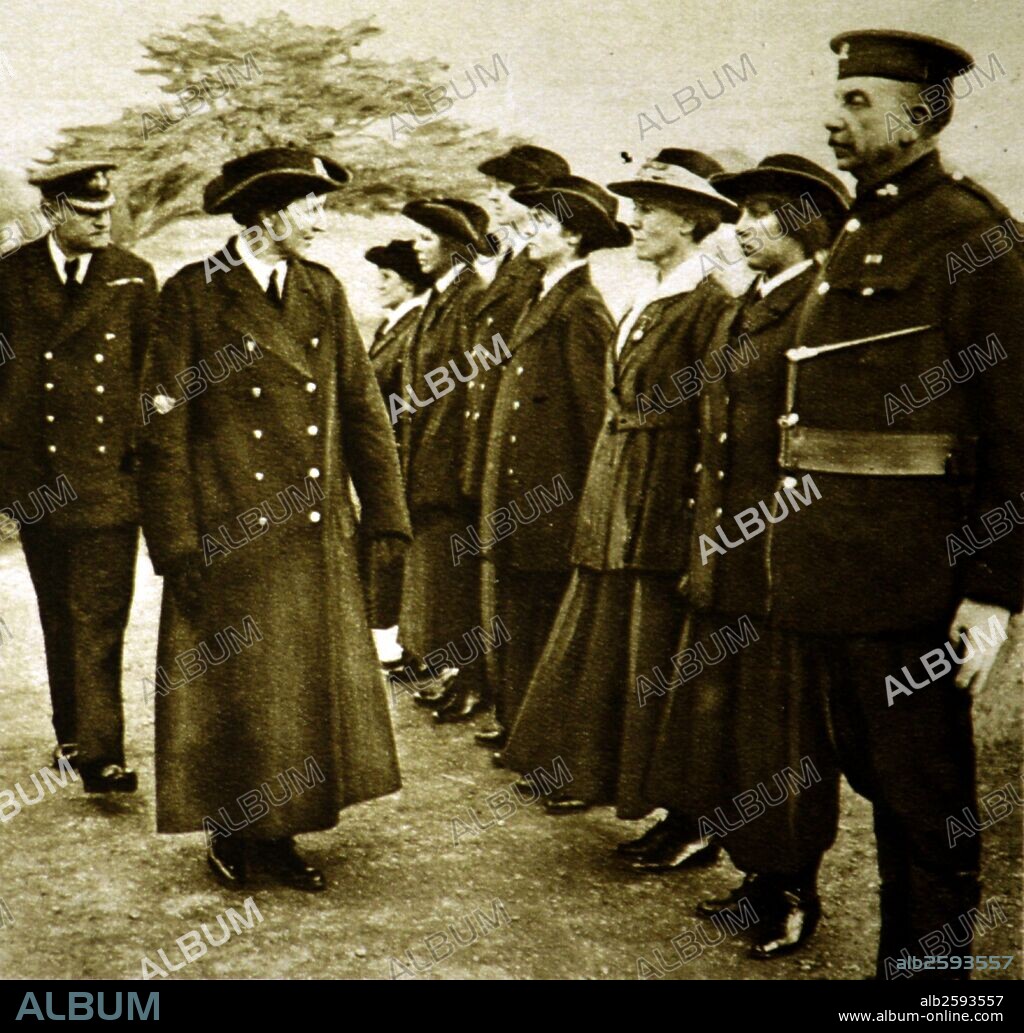 World War 1 - Dame Katharine Furse, G.B.E., (1875-1952) and founder of the English Voluntary Aid Detachment Force, inspecting officers..
