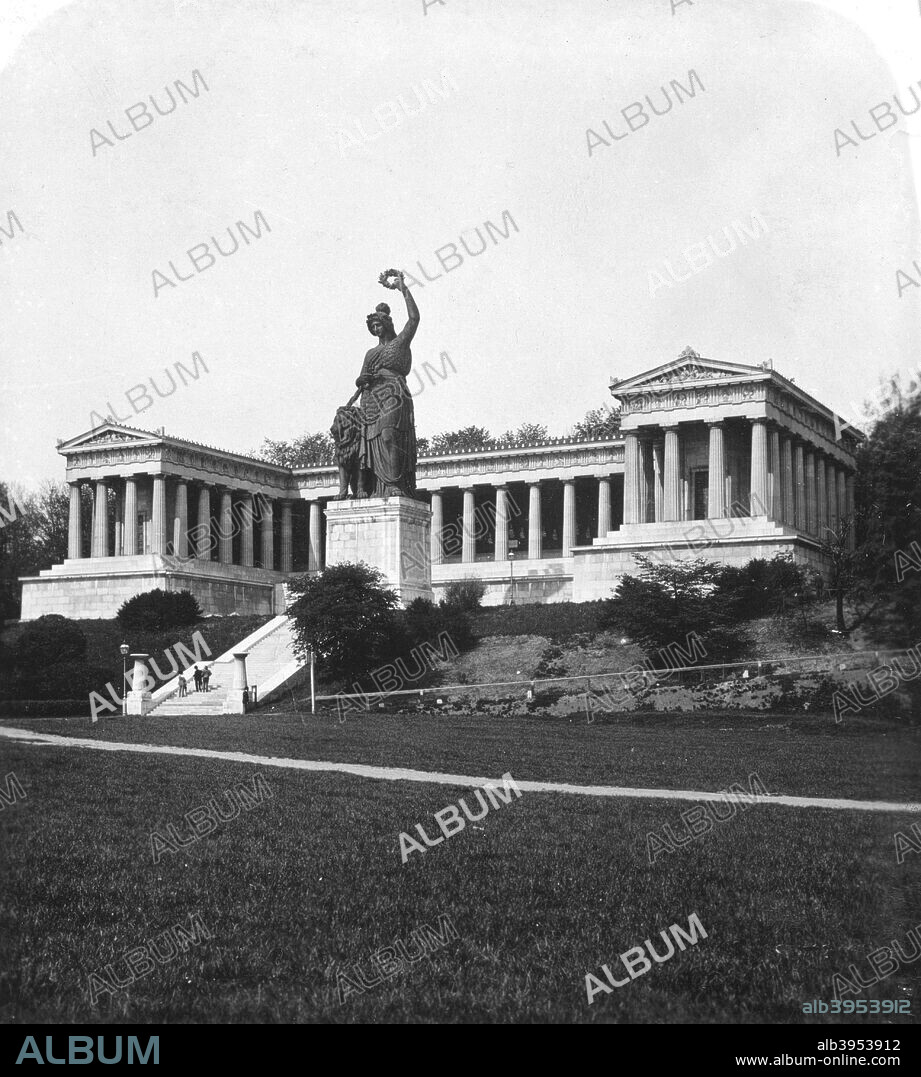 The Ruhmeshalle and Bavaria statue, Munich, Germany, c1900. Stereoscopic card.