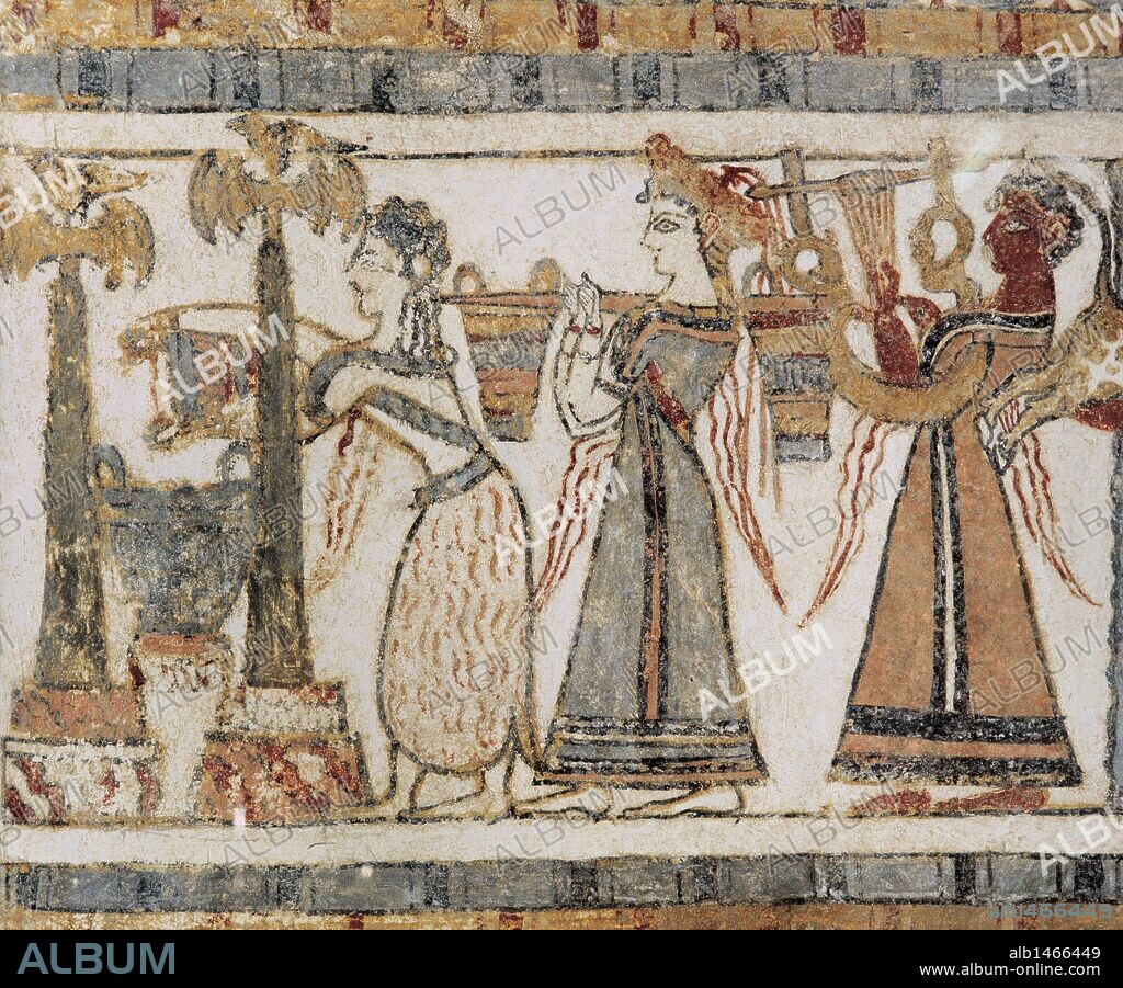 Minoan Art. Crete. The Hagia Triada Sarcophagus. Painted with scenes from Cretan life. Ritual. Bull sacrifice. Woman wearing a crown is carrying two vessels. A man playing a seven string lyre. C.1600 BC-1380 BC. Heraklion Archaeological Museum.
