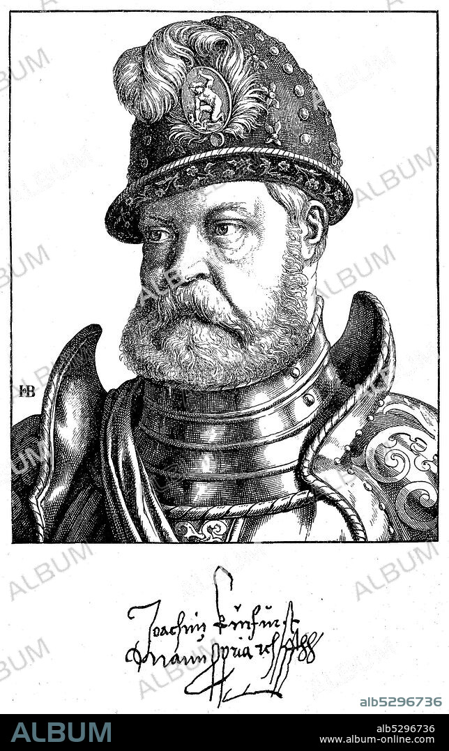Joachim II., Joachim II Hector or Hektor, 13 January 1505 – 3 January 1571 was a Prince-elector of the Margraviate of Brandenburg  /  Joachim II. Hector, geboren 13. Januar 1505 in Cölln, gestorben 3. Januar 1571, aus dem Geschlecht der Hohenzollern war von 1535 bis 1571 Markgraf von Brandenburg sowie Kurfürst und Erzkämmerer des Heiligen Römischen Reiches, Historisch, digital improved reproduction of an original from the 19th century / digitale Reproduktion einer Originalvorlage aus dem 19. Jahrhundert.