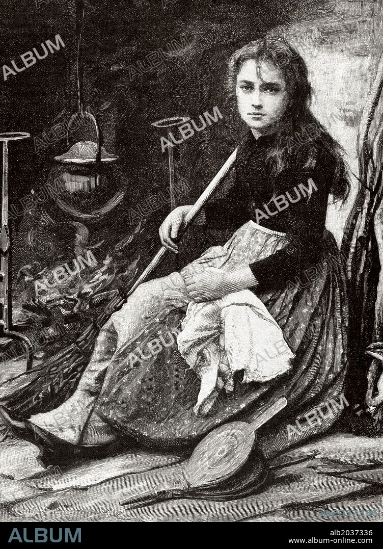 LA CENICIENTA, personaje de cuento de hadas del cual existen varias versiones. La más conocida en la escrita por Charles Perrault. Grabado. "La Ilustración Ibérica", año 1891.