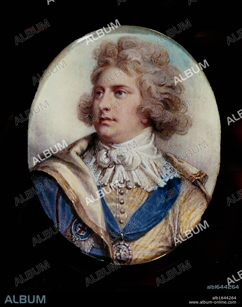George IV (1672-1830) King of Great Britain from 1820 on the death of his father, George III.  He had served as Prince Regent since 1811 during his father's illness. George in 1792 when Prince of Wales. Portrait by Richard Cosway.