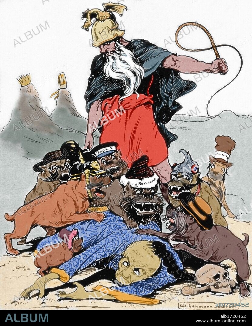 GUERRA DE LOS BOXERS (1900-1901). Caricatura de la época: el espíritu de la guerra excita a las potencias a devorar el caído Imperio Chino. Grabado coloreado.