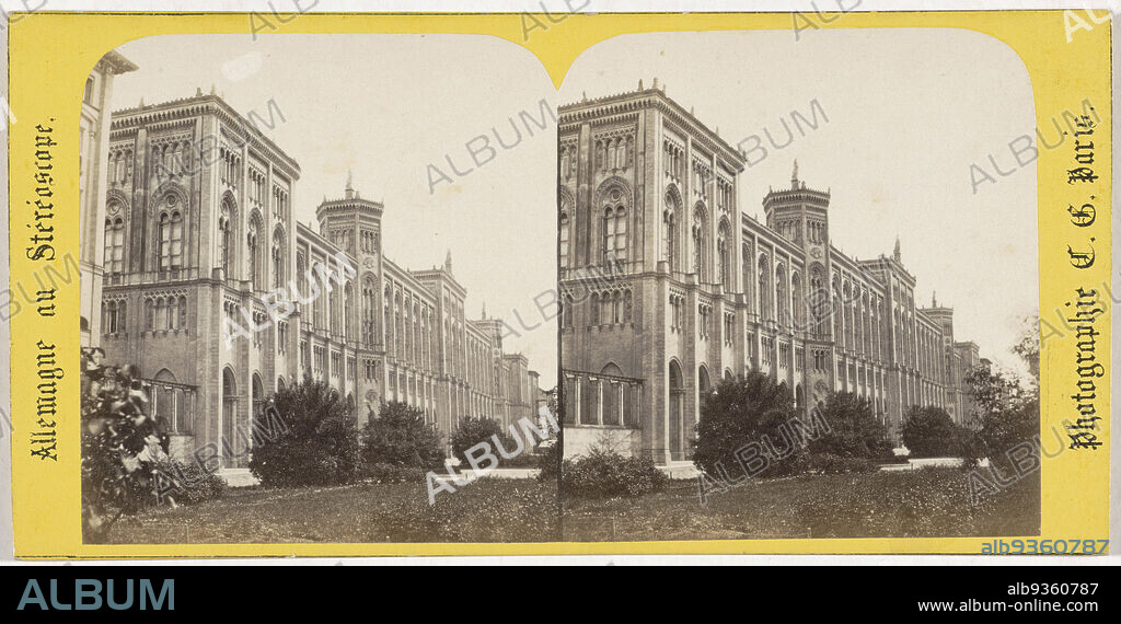 Buildings of the Bavarian government in Munich, Germany, Munich (Bavière), Palais du gouvernement (title on object), Allemagne au stéréoscope (series title on object), Charles Gaudin (mentioned on object), München, 1868, cardboard, paper, albumen print, height 86 mm × width 174 mm.