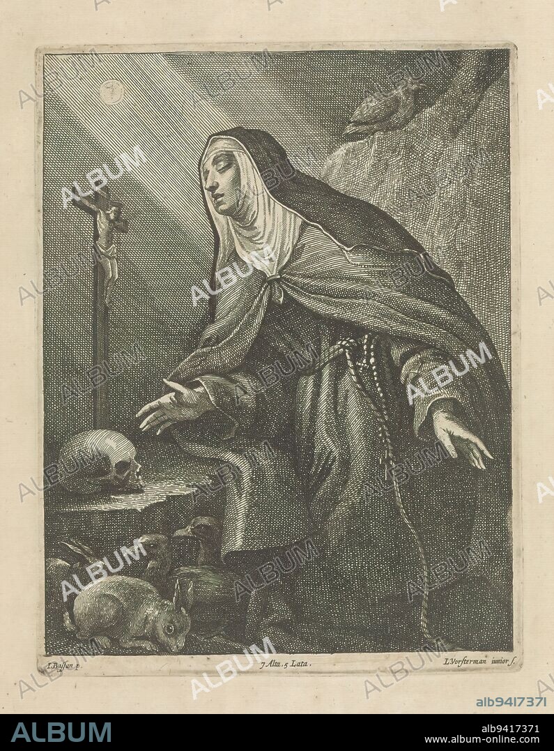 H. Juliana of Falconieri in ecstasy, H. Juliana of Falconieri in ecstasy before a crucifix and skull. In front of her two hares and two ducks. This print is part of an album., print maker: Lucas Vorsterman (II), (mentioned on object), after painting by: Jacopo Bassano, (rejected attribution), after painting by: Leandro Bassano, print maker: Antwerp, after painting by: Italy, after painting by: Italy, publisher: Brussels, 1660, paper, etching, height 220 mm × width 170 mm.