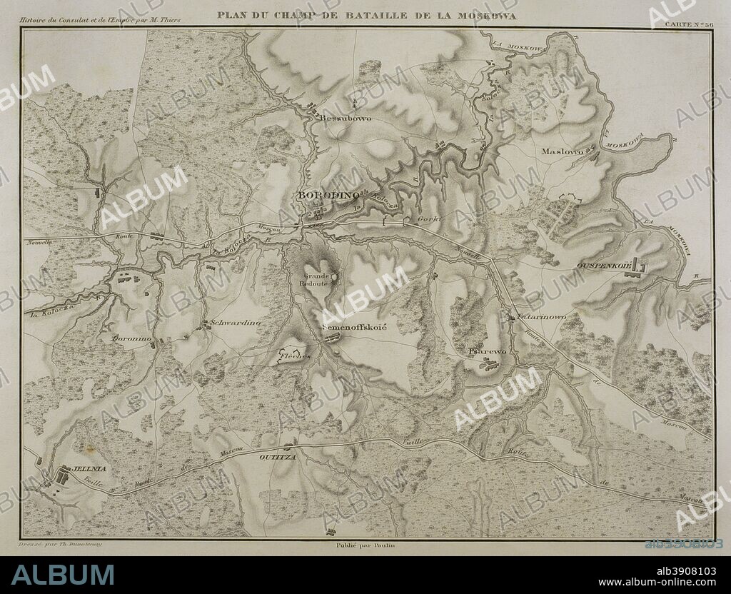 Napoleonic map. Battle of Borodino, 7 September 1812, during the French invasion of Russia. Battlefield. Napoleonic Wars. Confrontation between French and Russian armies. French tactical victory. Atlas de l'Histoire du Consulat et de l'Empire. History of the Consulate and the Empire of France under Napoleon by Marie Joseph Louis Adolphe Thiers (1797-1877). Drawings by Dufour, engravings by Dyonnet. Edited in Paris, 1864.