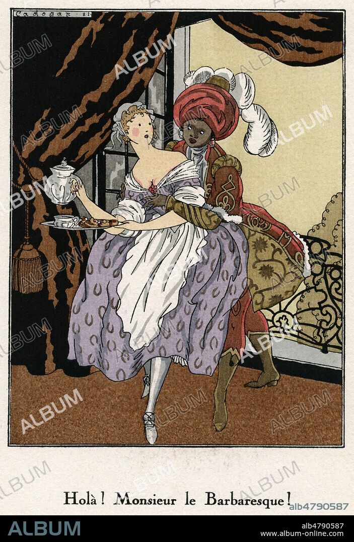 'Hola ! Monsieur le Barbaresque' : un homme d'Orient empoigne une servante qui lui apporte du the. Illustration par CADOGAN tiree de la revue 'La Guirlande', 11e fascisule vers 1921. Credit : Collection IM/KHARBINE-TAPABOR.