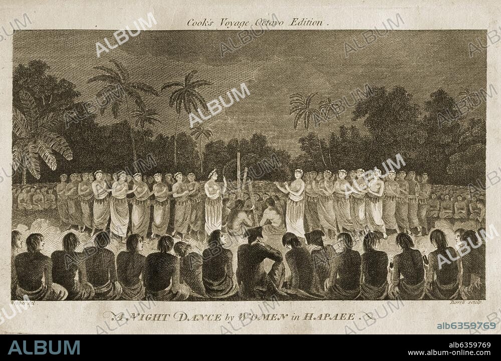 Cook, James; engl. Weltumsegler; 1728-1779. "A Night Dance by Women, in Hapaee" (3. Reise Cooks; auf Hapai, Tonga-Inseln, Polynesien 1777: Nächtlicher Tanz der Frauen). Kupferstich von Birrell nach Zeichnung von John Webber (1750-93). Aus: J.Cook, A Voyage to the Pacific Ocean in 1776-1780, London, 1784, Tf. 10. Berlin, Sammlung Archiv für Kunst und Geschichte.