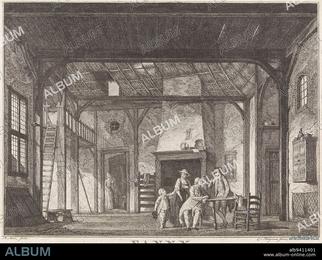 Fanny, or The happy repentance: company in an inn, Robbert Muys, 1770 - 1825, In an inn, in front of a fireplace, a man, woman and a child stand, one man sits. A woman enters the room at the back left. The print depicts a scene from Fanny, or The Happy Repentance, a play by François Thomas Marie de Baculard d'Arnaud., print maker: Robbert Muys, (mentioned on object), publisher: Cornelis van Hoogeveen junior, (mentioned on object), publisher: Barend Onnekink, (mentioned on object), Leiden, 1770 - 1825, paper, etching, h 195 mm × w 254 mm.