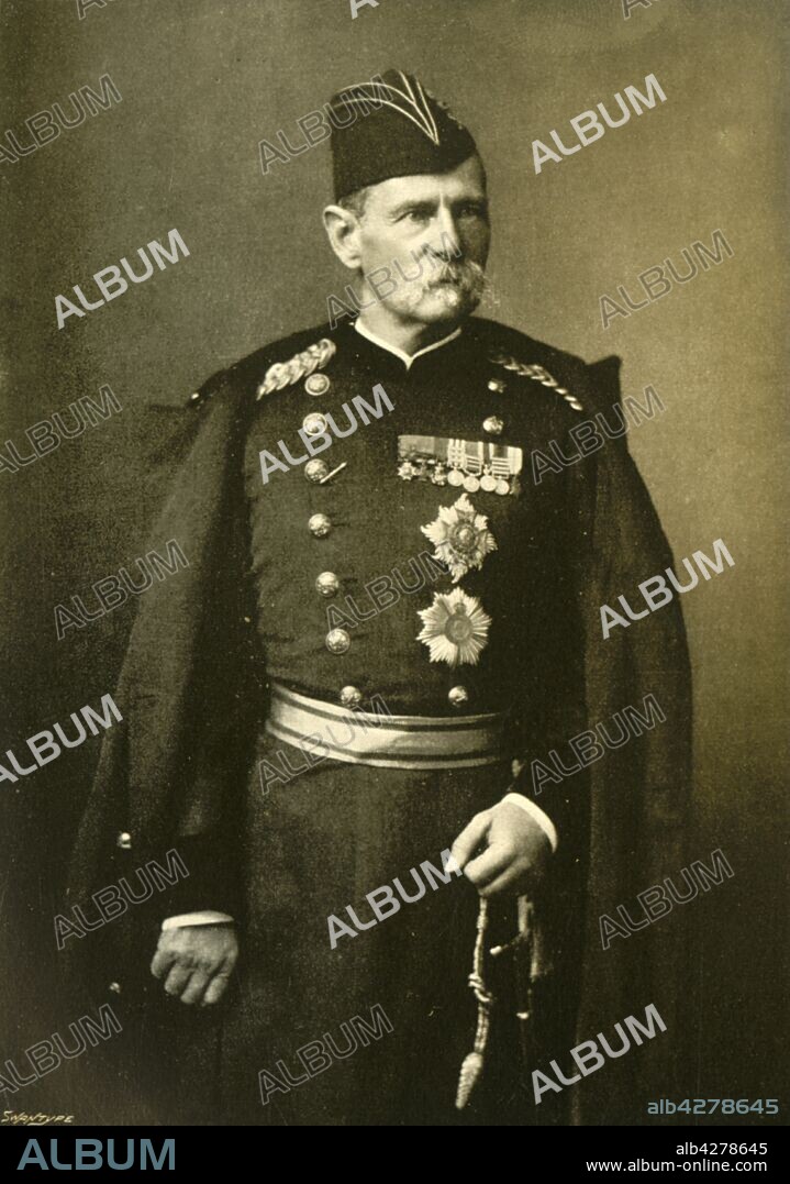 BOURNE & SHEPHERD. 'Lord Roberts, 1st Baron of Kandahar, Commander-in-Chief of the Army in India', c1890s, (1901). Portrait of Sir Frederick, 1st Earl Roberts (1832-1914), one of the foremost British military figures of Victorian times. Awarded the Victoria Cross in 1858 for his actions during the Indian Mutiny, Roberts is best known for his march to capture Kandahar during the Second Afghan War of 1878-1880. He was made Baron of Kandahar and Waterford in 1892 and promoted to Field Marshal in 1895. Roberts commanded the reinforcements sent to South Africa in 1900 after the setbacks of the early part of the Boer War. After his successful intervention in the South African campaign, he returned to England to become Commander-in-Chief of the British Army, a position which he held until 1904, when he retired from the army. From "The Life and Deeds of Earl Roberts, Vol. III. - To The End of Lord Roberts's Indian Career", by J. Maclaren Cobban. [T. C. & E. C. Jack, Edinburgh, 1901].