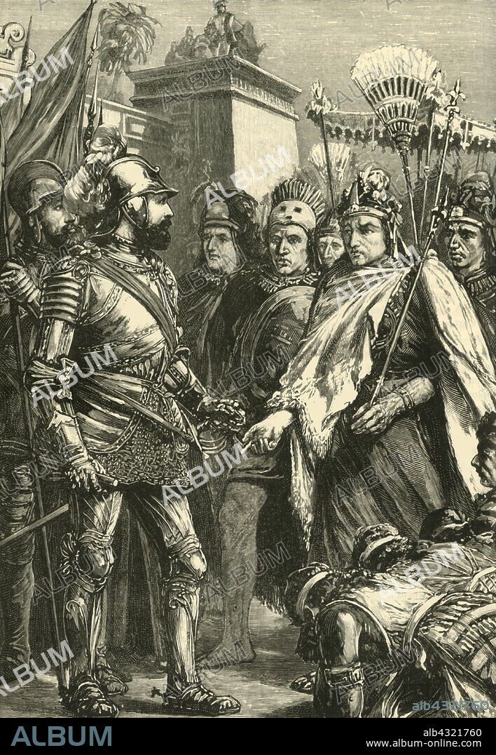 'Reception of Cortes by Montezuma', 1519, (1890). Moctezuma II (1466-1520) met Hernando Cortes (1485-1547) Spanish Conquistador on 8 November 1519,  the two leaders exchanged gifts. From "Cassell's Illustrated Universal History, Vol. IV - Modern History", by Edmund Ollier. [Cassell and Company, Limited, London, Paris and Melbourne, 1890].
