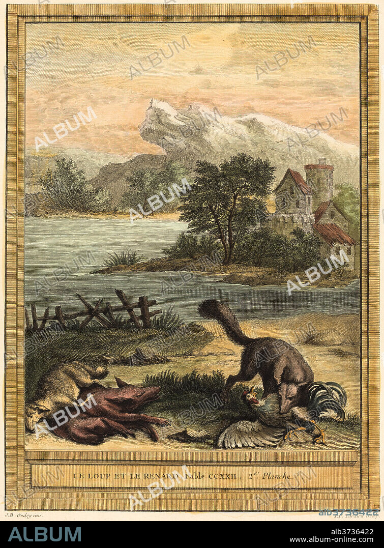 PIERRE FRANçOIS TARDIEU AFTER JEAN-BAPTISTE OUDRY. Le loup et le renard (The Wolf and the Fox). Dated: published 1759. Medium: hand-colored etching.