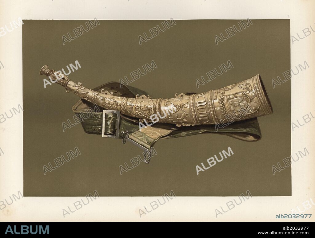 Oliphant or ivory hunting horn carved with the arms and badges of Ferdinand and Isabella of Portugal from the early 16th century. Chromolithograph from an illustration by William Gibb from A.J. Hipkins' "Musical Instruments, Historic, Rare and Unique," Adam and Charles Black, Edinburgh, 1888. Alfred James Hipkins (1826-1903) was an English musicologist who specialized in the history of the pianoforte and other instruments. William Gibb was a master illustrator and chromolithographer and illustrated "The Royal House of Stuart" (1890), "Naval and Military Trophies" (1896), and others.