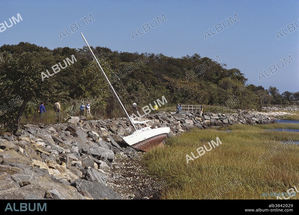 Boat beached by Hurricane Gloria (9/28/85). Greenwich, Connecticut.