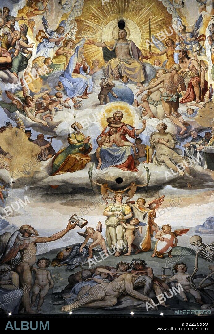 GIORGIO VASARI. ARTE RENACENTISTA-QUATTROCENTO. ITALIA. VASARI, Giorgio (Arezzo, 1511-Florencia, 1574). Arquitecto y pintor italiano. "JUICIO UNIVERSAL". Vista general de los frescos que decoran la CUPULA de SANTA MARIA DEL FIORE o DUOMO, obra arquitectónica de BRUNELLESCHI. Los frescos fueron concluidos por F. ZUCCARO (15721579). FLORENCIA. La Toscana.