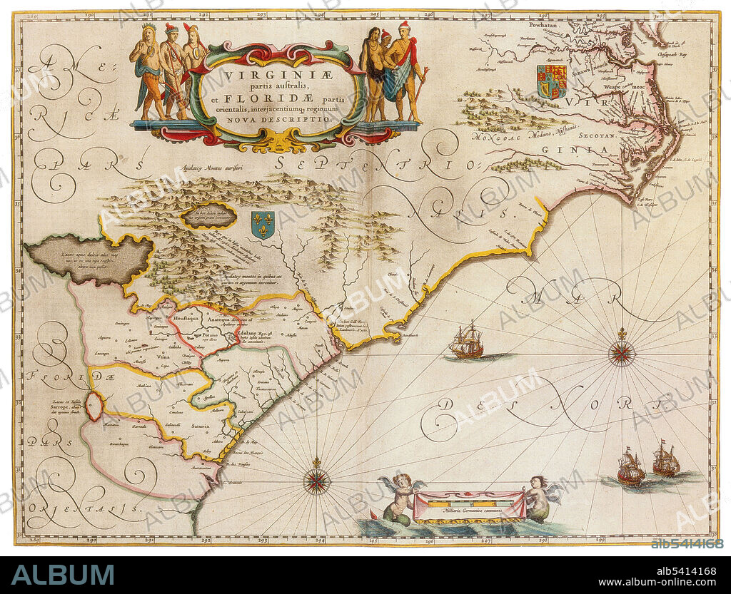 The Colony of Virginia, chartered in 1606 and settled in 1607, was the first enduring English colony in North America. The founder of the new colony was the Virginia Company with the first settlement in Jamestown on the north bank of the James River. Florida was the first region of the continental United States to be visited and settled by Europeans. The geographical area of Florida diminished with the establishment of English settlements to the north and French claims to the west. Joan Blaeu (1596-1673) was a Dutch cartographer, the son of cartographer Willem Blaeu. In 1635 they published the Atlas Novus (full title: Theatrum orbis terrarum, sive, Atlas novus) in two volumes. The Atlas Maior is the final version of Joan Blaeu's atlas, published in Amsterdam between 1662 and 1672, in Latin, French, Dutch, German and Spanish, containing 594 maps and around 3,000 pages of text. The Blaeu maps emphasized fine art and colours, being the most expensive of the time.
