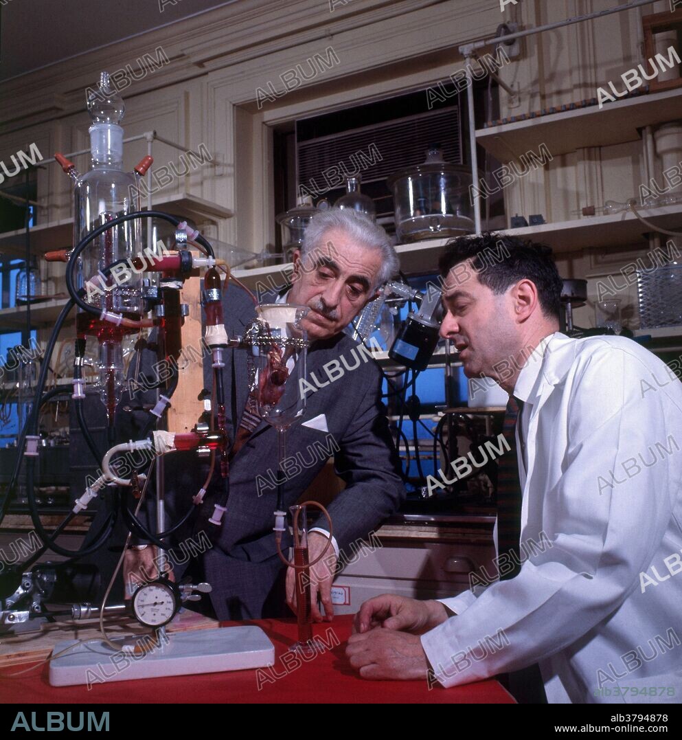 Dr. Gregory Pincus and Dr. Elijah B. Romanoff with a Perfusion Apparatus (Bovine Ovary Perfusion) at the Worcester Foundation for Experimental Biology, which Pincus co-founded. Pincus is also the co-inventor of the oral contraception pill. The Worcester Foundation has now merged with the University of Massachusetts Medical School.