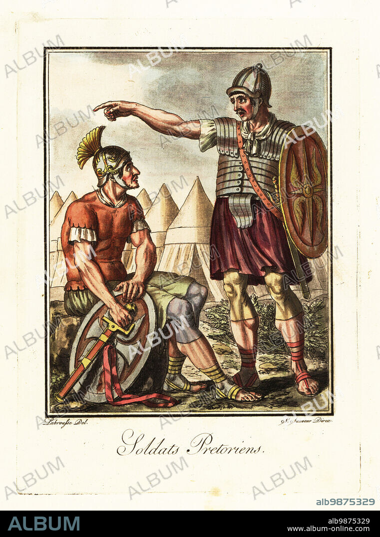 Praetorian Guards, ancient Rome. in galea helmet, lorica segmentata breastplate, tunic, sagulum gregale or short trousers, caligae hobnail sandals, armed with gladius sword and oval shield. Military tents in the background. Soldats Pretoriens. Handcoloured copperplate drawn and engraved by L. Labrousse, artist of Bordeaux, under the direction of Jacques Grasset de Saint-Sauveur from his Lantique Rome, ou description historique et pittoresque, Ancient Rome, or historical and picturesque description, Chez Deroy, Paris, 1796.