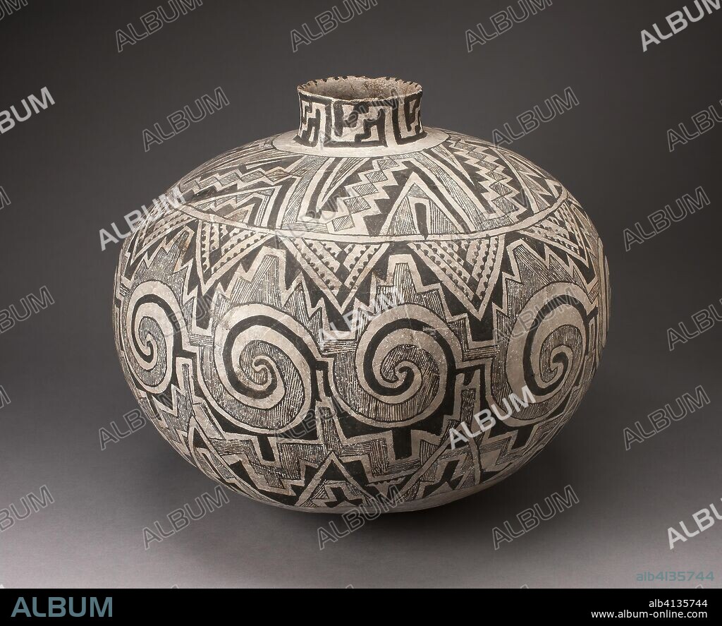 Storage Jar (Olla) with Black, White, and Hathed Linked Scrolls, Triangles, and Stepped Motifs. Ancestral Pueblo (Anasazi), Tularosa Black-on-white; West-central New Mexico, United States. Date: 900 AD-1450. Dimensions: Approx. 33 x 35.6 cm (13 x 14 in.). Ceramic and pigment. Origin: New Mexico.
