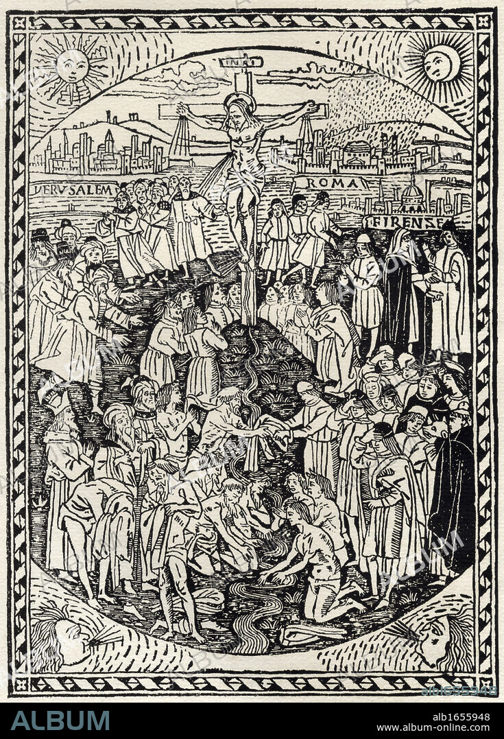 Facsimile of The Crucifixion from Tractato di Maestro Domenico Benivieni printed Florence 1496 From A Catalogue of a Collection of Engravings Etchings and Woodcuts by Richard Fisher published 1879.